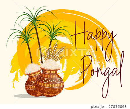 Festive Happy Pongal grunge background with sugar cane and pot of rice. Hindu harvest festival. Illustration, vector Festive Happy Pongal grunge background with sugar cane and pot of rice. Hindu harvest festival. Illustration, vector 97836863