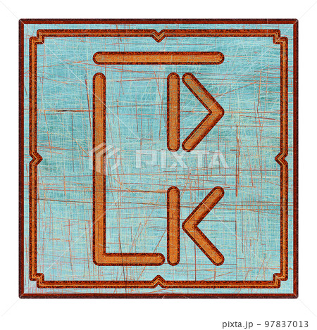 Scratched mystic card with fictional language hieroglyphs.Vintage art illustration.Meaningless text. 97837013