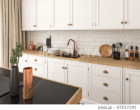 Loft kitchen interior with white tile. White color furniture. Modern countertops with a built in sink and a cooker. 3d rendering. High quality 3d illustration Loft kitchen interior with white tile. White color furniture. Modern countertops with a built in sink and a cooker. 3d rendering. High quality 3d illustration 97837295