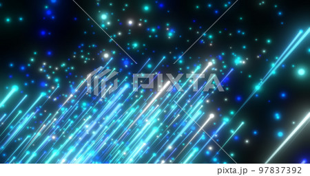 Abstract blue flying diagonal glowing lines meteorites of energy and light from particles and magic energy dots on a black background. Abstract background 97837392