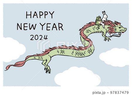 2024年　年賀状　鳥獣戯画　うさぎとカエルが龍に乗って飛ぶイラストレーション 97837479