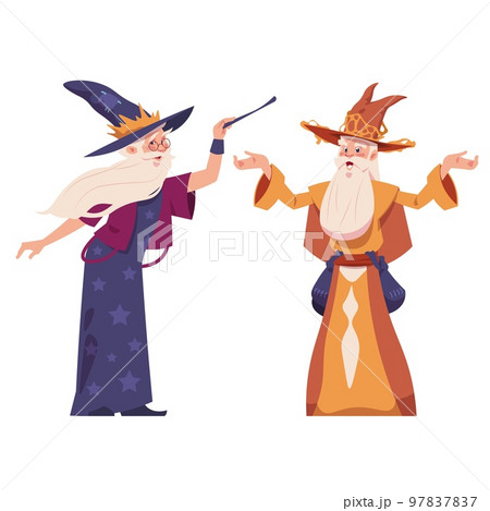 Cartoon wizard. Old men in robes costume and hats with silver beard. Holding magic wand. Characters isolated on white background. Sorcerer and alchemist, witchcraft mascot. Vector illustration Cartoon wizard. Old men in robes costume and hats with silver beard. Holding magic wand. Characters isolated on white background. Sorcerer and alchemist, witchcraft mascot. Vector illustration 97837837