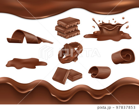 Chocolate splash. Sweets chopped bar. 3D cocoa bean dessert. Liquid caramel drops. Melt sauce. Brown cream smudges. Confectionery piece. Cooking ingredient. Vector realistic objects set 97837853