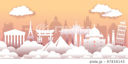 World travel monuments. Tourism landscape. Paper cut panorama. Famous culture heritage. City skyline origami. Sky clouds and capital buildings silhouettes. Vector illustration background 97838143