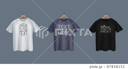 Black, white tshirt on hanger mockup. Promotion product model, blank gray polo front view, retail fashion. Casual textile jersey clothes with copy space for text. Vector realistic template 97838152