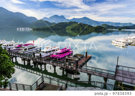 The scenery of the Yacht Marina at Sun Moon Lake in the morning is a famous attraction in Nantou, Taiwan. 97838393