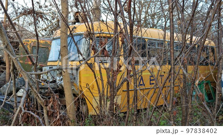 Yellow school bus with the inscription in Russian "Children" abandoned in the forest in broken form, state transport on a landfill among naked branches of trees 97838402