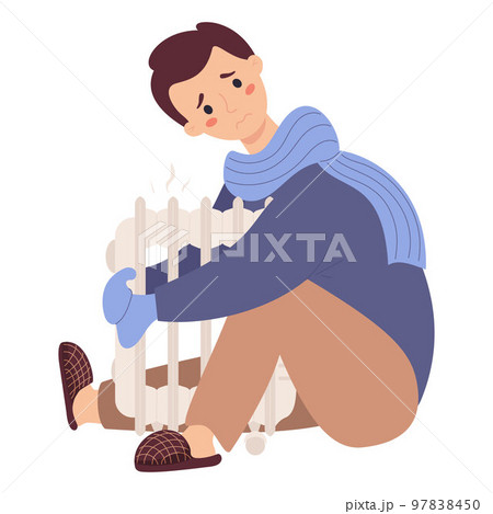 Unhappy guy in scarf and mittens, freezes and warms himself near hot battery. Vector illustration. Season cold and suffering of low degrees temperature, illnesses and colds. Unhappy guy in scarf and mittens, freezes and warms himself near hot battery. Vector illustration. Season cold and suffering of low degrees temperature, illnesses and colds. 97838450