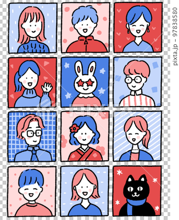 Bust-up icon set of smiling people and animals 97838580
