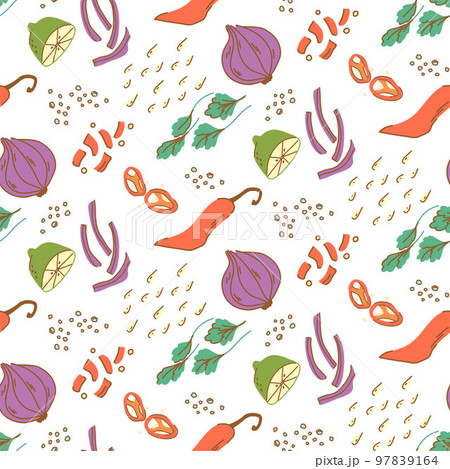 Seamless pattern with vegetables, herbs and spices on a white background. Pepper, salt, onion, lime Seamless pattern with vegetables, herbs and spices on a white background. Pepper, salt, onion, lime 97839164