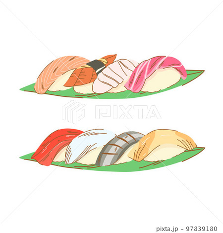 Two sets of nigiri sushi served on flat banana leaves. Sushi with fish and nori. 97839180
