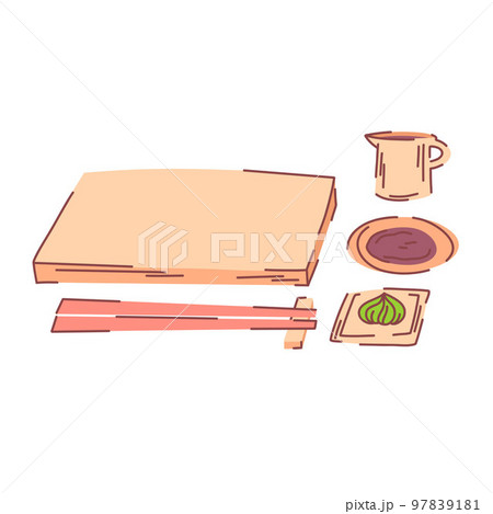 Set for serving rolls, sushi, Japanese food with a wooden dish, chopsticks and sauce. 97839181