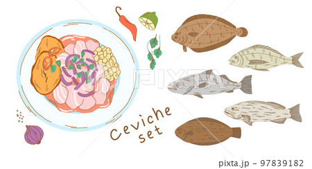 A set of ceviche with fish for cooking and a plate with an appetizer. Fish ceviche with sweet potato 97839182