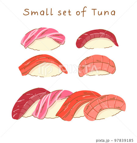 A set of sushi nigiri with tuna on the side and in a row, different parts of raw fatty tuna on rice. 97839185