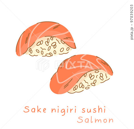 Illustration of salmon nigiri sushi in flat style in profile and three quarters. Illustration of salmon nigiri sushi in flat style in profile and three quarters. 97839203