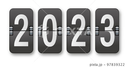 2023 Countdown timer with different numbers isolated on background. Clock counter art design. Graphic mechanical scoreboard panel element. 97839322