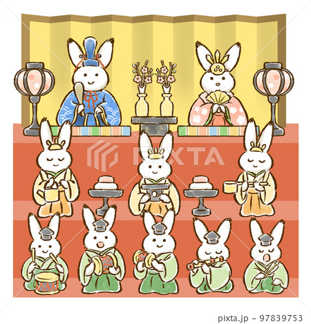うさぎのおひなさま（男雛・女雛・三人官女・五人囃子）3段　手描きイラスト 97839753