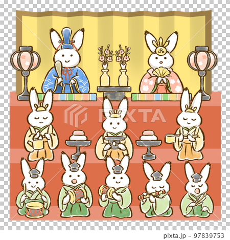 うさぎのおひなさま（男雛・女雛・三人官女・五人囃子）3段　手描きイラスト 97839753