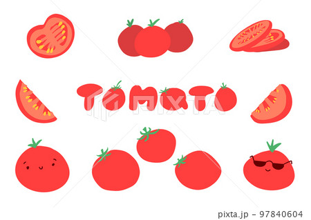 Tomatoes set in cartoon flat style. Healthy natural vegetables food. Vector illustration isolated on white background. 97840604