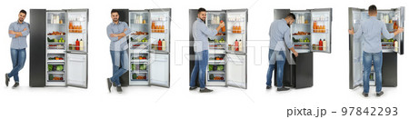 Collage of man near open refrigerators on white background 97842293