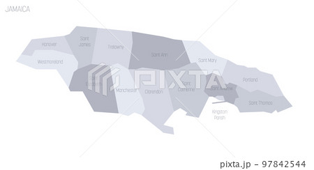 Jamaica political map of administrative divisions - parishes. Grey vector map with labels. 97842544