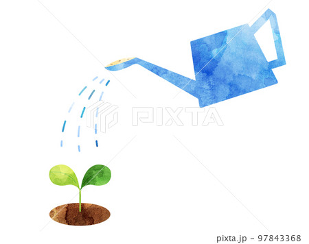 植物の芽にお水をあげているイラスト　水彩風加工バージョン 97843368