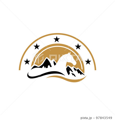 simple line horse Logo design in the cage and mountain silhoutte background sign symbol Vector illustration 97843549