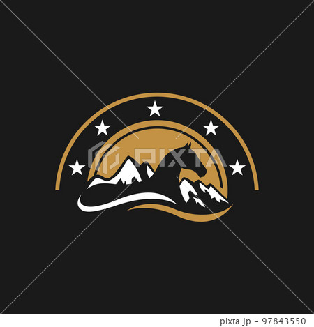 simple line horse Logo design in the cage and mountain silhoutte background sign symbol Vector illustration 97843550