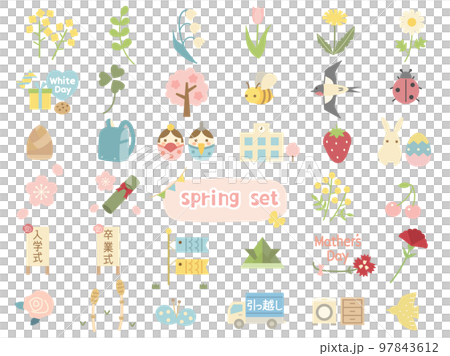 ひな祭りや桜などの春の行事や植物をイメージしたイラストのセット 97843612
