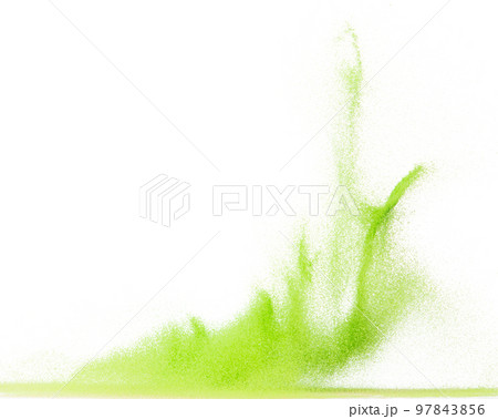 Small size green Sand flying explosion, vegetable sands grain wave explode. Abstract cloud fly. Green colored sand splash throwing in Air. White background Isolated high speed shutter, throwing freeze Small size green Sand flying explosion, vegetable sands grain wave explode. Abstract cloud fly. Green colored sand splash throwing in Air. White background Isolated high speed shutter, throwing freeze 97843856