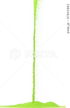 Small size green Sand flying explosion, vegetable sands grain wave explode. Abstract cloud fly. Green colored sand splash throwing in Air. White background Isolated high speed shutter, throwing freeze 97843862