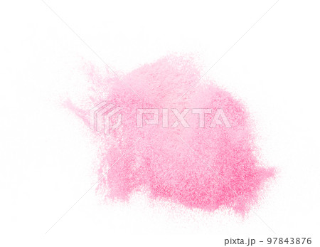Small size pink Sand flying explosion, sweet sands grain wave explode. Abstract cloud fly. Pink colored sand splash throwing in Air. White background Isolated high speed shutter, throwing freeze stop 97843876