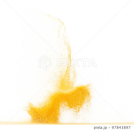Small size yellow Sand flying explosion, gold cheese sands grain wave explode. Abstract cloud fly. Yellow colored sand splash throwing in Air. White background Isolated high speed shutter, throwing 97843897