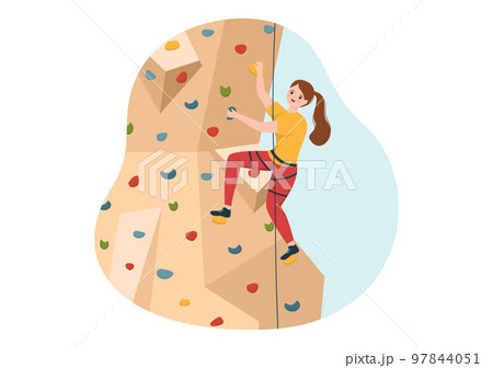 Cliff Climbing Illustration with Climber Climb Rock Wall or Mountain Cliffs and Extreme Activity Sport in Flat Cartoon Hand Drawn Template 97844051