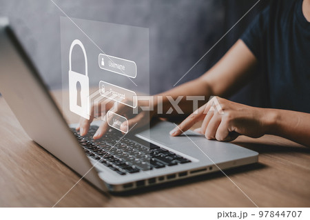 Woman hand typing on keyboard with login and password on screen display, cyber security concept, data protection and secured internet access. 97844707