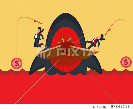 Business risk, Business investment risk. angry shark attacking businessman on boat 97845113