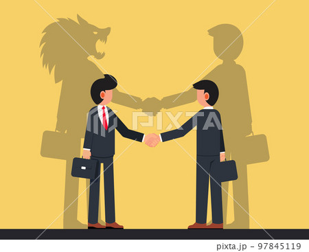 False Agreement or Dangerous Friendship. Business Partners Male Characters with Shadows of Wolf False Agreement or Dangerous Friendship. Business Partners Male Characters with Shadows of Wolf 97845119