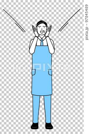 A senior man wearing an apron who calls with his hand on his mouth A senior man wearing an apron who calls with his hand on his mouth 97845489