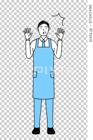 A senior man wearing an apron raising his hand in surprise A senior man wearing an apron raising his hand in surprise 97845490