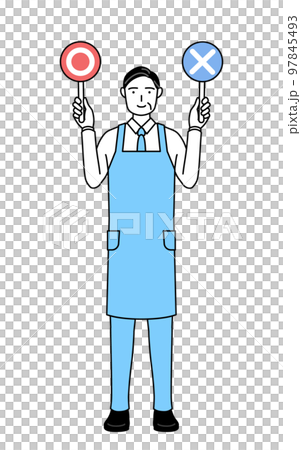 A senior man wearing an apron with a stick showing correct and incorrect answers A senior man wearing an apron with a stick showing correct and incorrect answers 97845493