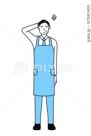 困って頭をかくエプロンを着たシニア男性 97845495