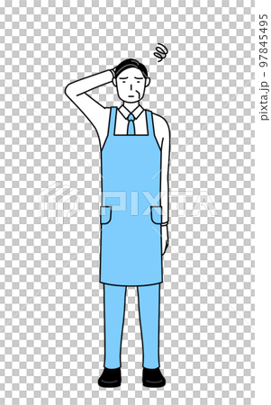 Senior man wearing an apron scratching his head in trouble 97845495