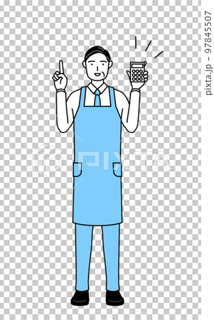 電卓を持って指さすエプロンを着たシニア男性 97845507