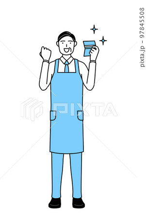 預金通帳を見て喜ぶエプロンを着たシニア男性 97845508