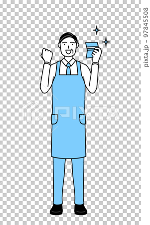 預金通帳を見て喜ぶエプロンを着たシニア男性 97845508