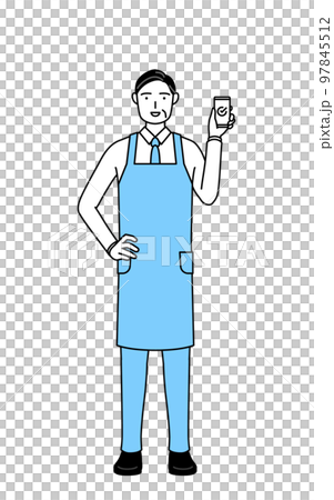 仕事でスマホを使うエプロンを着たシニア男性 仕事でスマホを使うエプロンを着たシニア男性 97845512