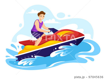 People Ride Jet Ski Illustration Summer Vacation Recreation, Extreme Water Sports and Resort Beach Activity in Hand Drawn Flat Cartoon Template 97845636
