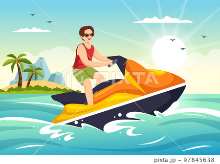 People Ride Jet Ski Illustration Summer Vacation Recreation, Extreme Water Sports and Resort Beach Activity in Hand Drawn Flat Cartoon Template 97845638