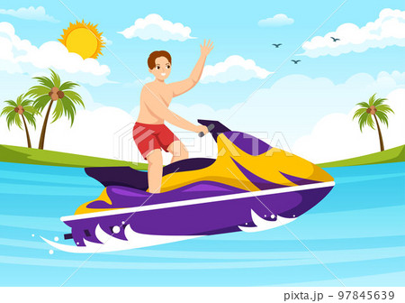 People Ride Jet Ski Illustration Summer Vacation Recreation, Extreme Water Sports and Resort Beach Activity in Hand Drawn Flat Cartoon Template 97845639