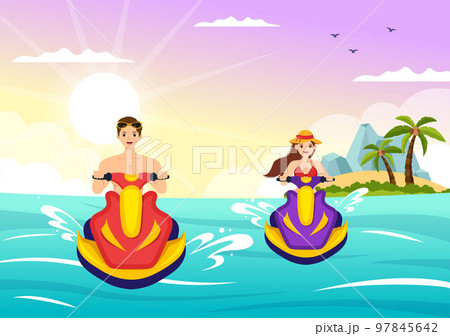 People Ride Jet Ski Illustration Summer Vacation Recreation, Extreme Water Sports and Resort Beach Activity in Hand Drawn Flat Cartoon Template People Ride Jet Ski Illustration Summer Vacation Recreation, Extreme Water Sports and Resort Beach Activity in Hand Drawn Flat Cartoon Template 97845642